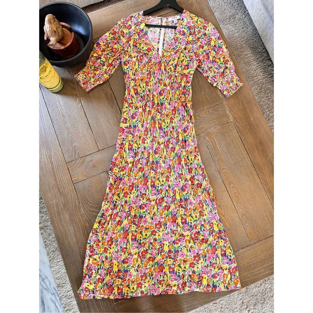 RIXO Target Floral Puff Sleeve Dress‎ V- Neck-Bias Cut Bodycon Size 0